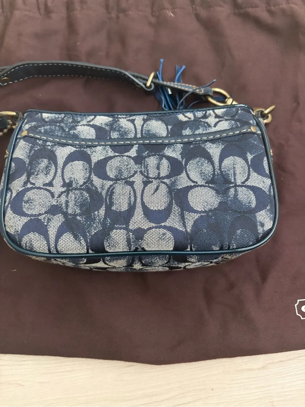 Coach Navy Signature Stripe Shoulder Bag with Light Blue Center - Picture 2 of 10